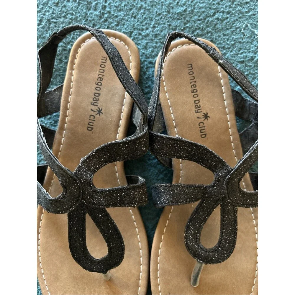 Montego Bay Black Glittery Sandals, Woman Size 7 1/2, flat slip on, elastic back